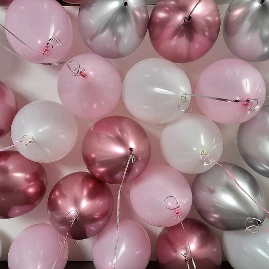 20 шаров под потолок. Розовые, белые, фламинго и серебро хром шарики для девушки, для жены, для мамы на день рождения