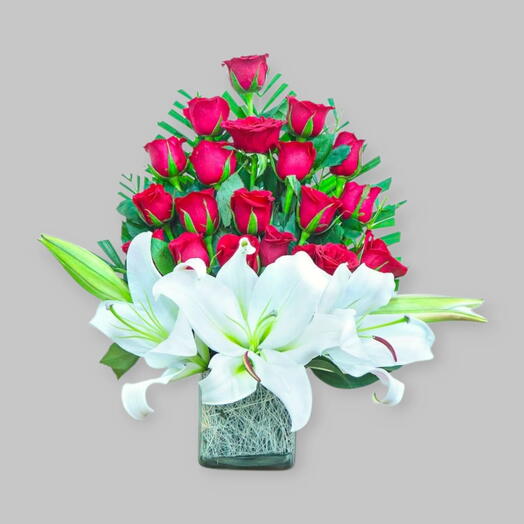Red Roses And Lilies Vase