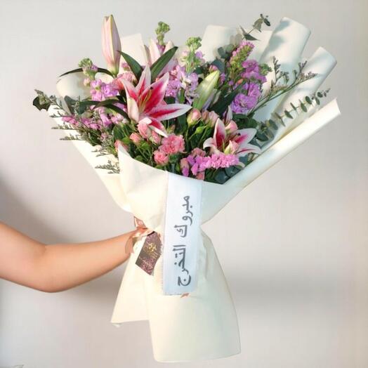 Congratulations Graduation Flower Bouquet – Pink Lilies Eucalyptus