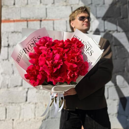 Французская ярко-розовая Роза в оформлении, 15 шт