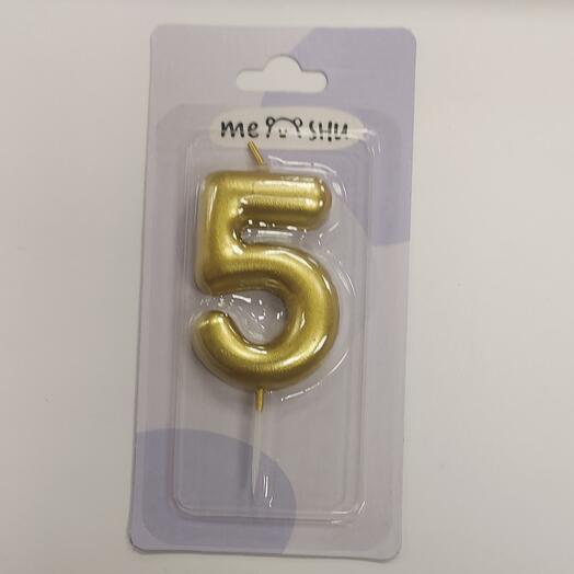 Свеча для торта с держателем MESHU «Цифра 5», 6см, золотая, блистер