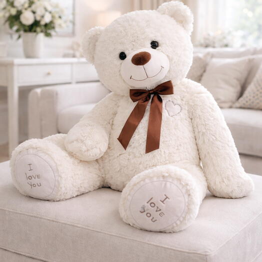 Большой плюшевый мишка белый 130 см с надписью I LOVE YOU