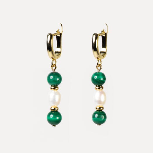 Серьги Гинкго Белый жемчуг культивированный и Малахит 14K (EAR1160)