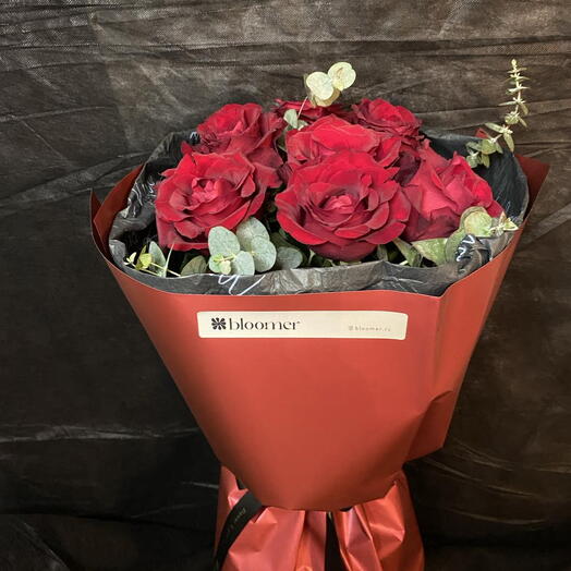 Red roses with eucalyptus