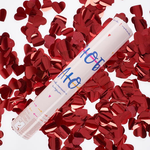 Пневмохлопушка (12/30 см), Люблю, Сердца фольга, Красный, Металлик