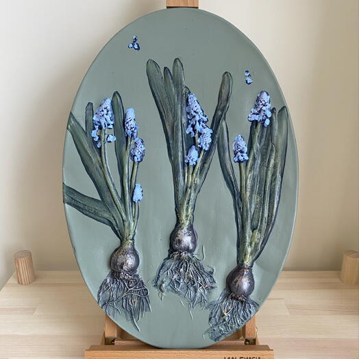 Панно настенное декоративное, Ботанический барельеф , Мускари, Садовые цветы, Гипсовая картина