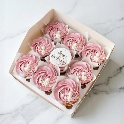 Капкейки в розовом оформлении "Happy birthday" (9 штук)