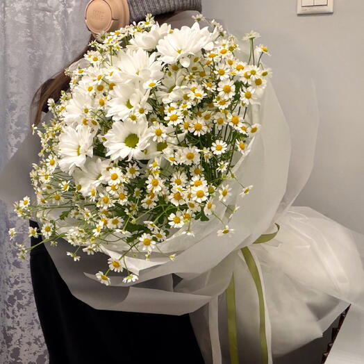 Букет полевой ромашки и хризантема весенний девушке большой