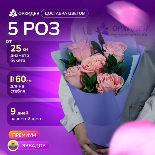 5 розовых роз "Хермоса"