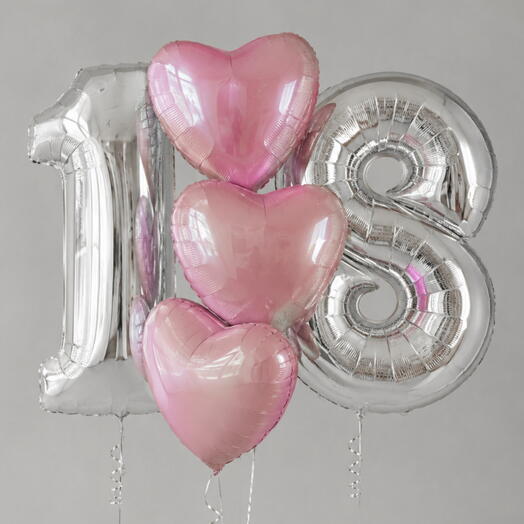 🎈 Набор воздушных шаров «18 лет» — серебряные цифры с розовыми сердцами