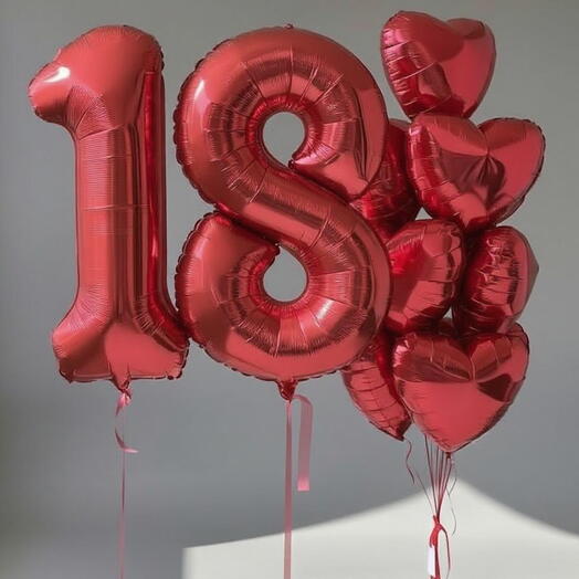Набор воздушных шаров 18 лет и фонтан из Сердец