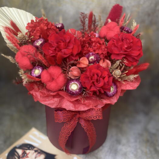 Сухоцветы в коробке Алая Роза 🌹