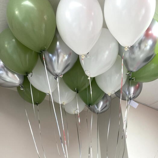 Воздушные шары под потолок - белый, эвкалипт, серебро на день рождения