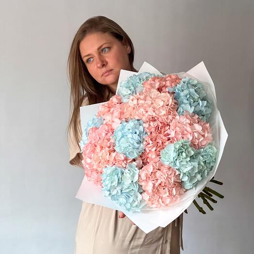 A large bouquet of blue and pink hydrangeas. Bouquet 216 Bouquet in Moscow