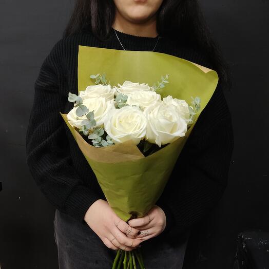 White roses with eucalyptus