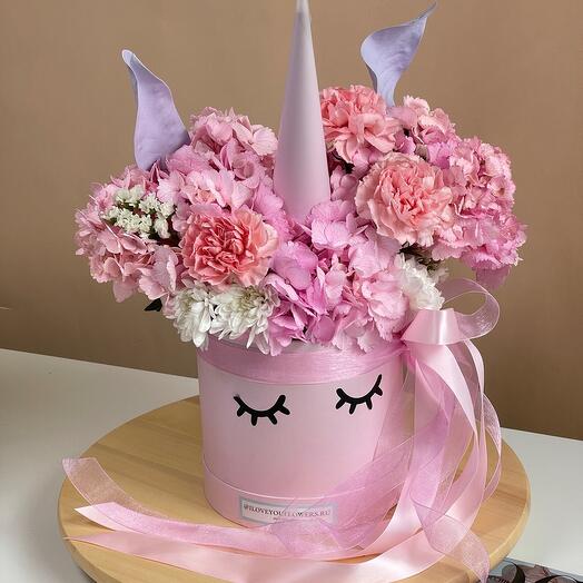 Composition in a box with pink hydrangea Unicorn