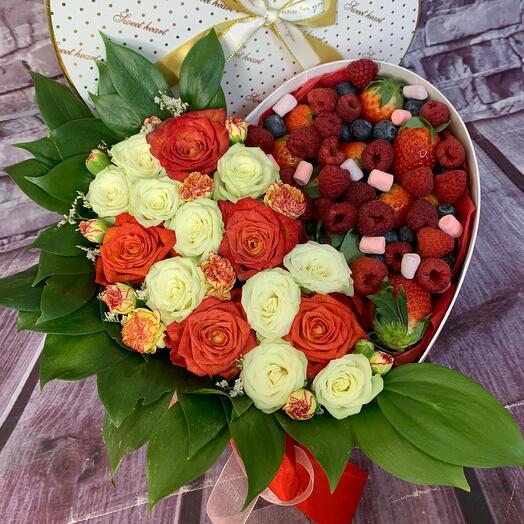 Heart in a box with roses and berries