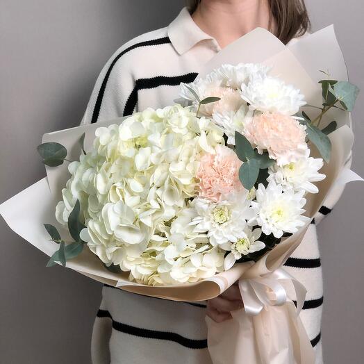 Bouquet with hydrangea , dianthus , chrysanthemums with eucalyptus