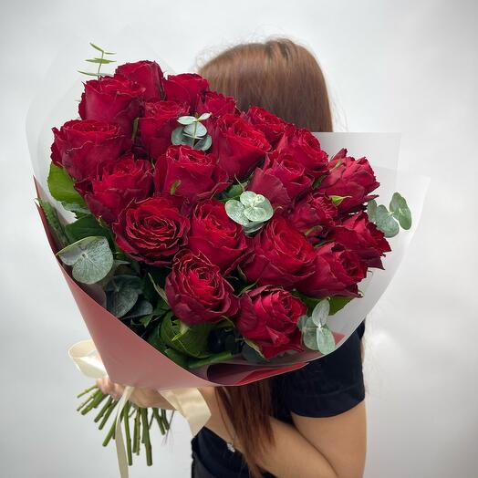 Bouquet of 21 red Kenyan Roses and Eucalyptus