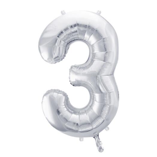 Srebrny foliowy balon w kształcie cyfry 3