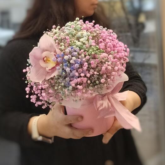 Caja con gypsophila arcoíris y orquídea