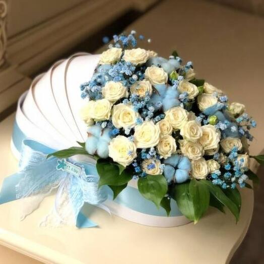 Flowers for my son's discharge from the hospital in a cradle box