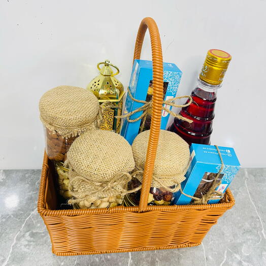 Ramadan Gift Basket with Rooh Afza, Nuts, Dates, Chocolates and Lantern