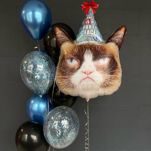 The cat congratulates (the color of the balls can be changed)