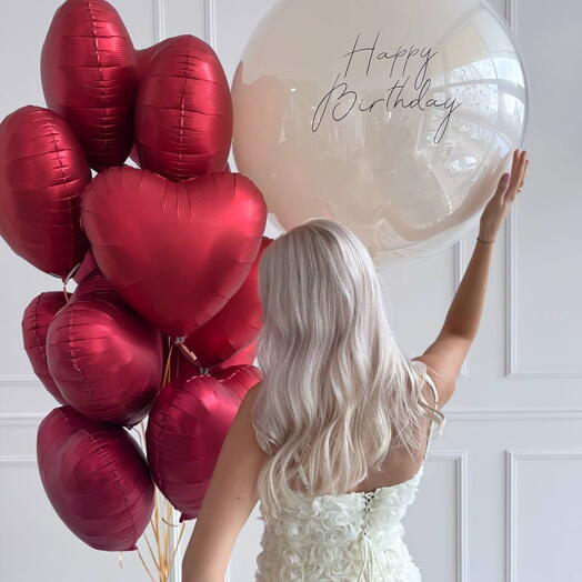 🎈 Бордовые сердца + шар с надписью Happy Birthday