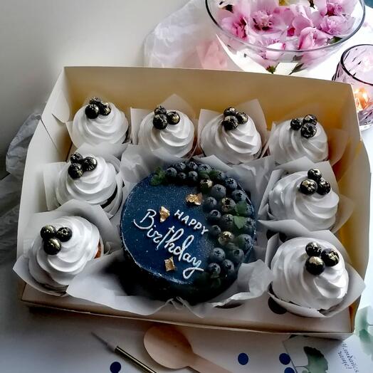 Большой Подарочный набор 🔥 Бенто тортик "Happy Birthday" и 8 капкейков 🧁  мужщине, папе, сыну, брату, другу ️ со свежей ягодой