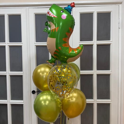 Воздушные шары динозавр золото, зеленый день рождения 7 шт. Set of helium balloons dinosaur gold green HAPPY BIRTHDAY 7 pcs