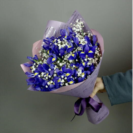 Букет дуо ирисы и гипсофилы