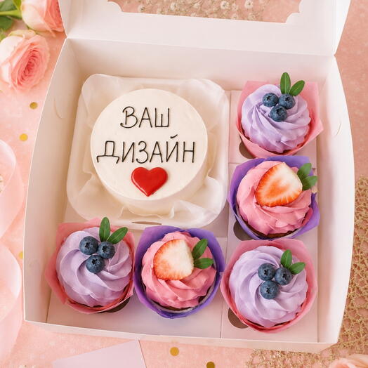 Juego de cupcakes rosa-púrpura con arándanos y fresas 5 piezas y Bento