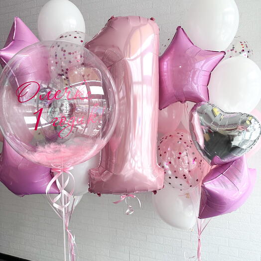 Сет из шаров с цифрой, deco bubble и фонтанами для девочки | розовый, белый