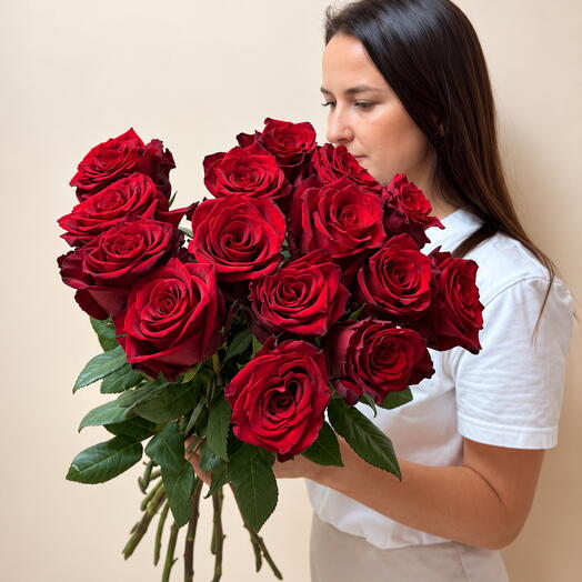 🌹 15 красных роз Эквадор на ленте