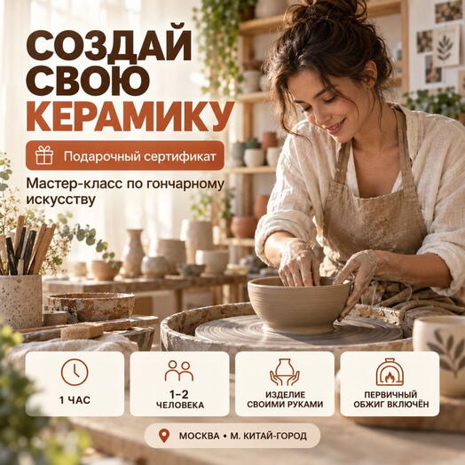 Подарочный сертификат «Мастер-класс по гончарному искусству» (1 час, 1 человек)