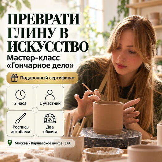 Подарочный сертификат «Мастер-класс Гончарное дело» (2 часа, 1 человек)