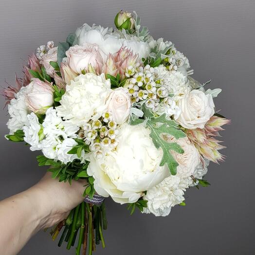 Wedding bouquet with white peonies and dianthus (carnation)