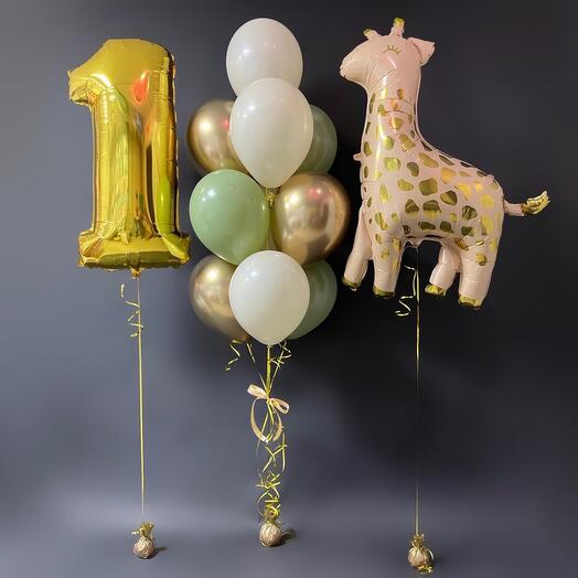 Balloons for a year, with the figure of a golden giraffe