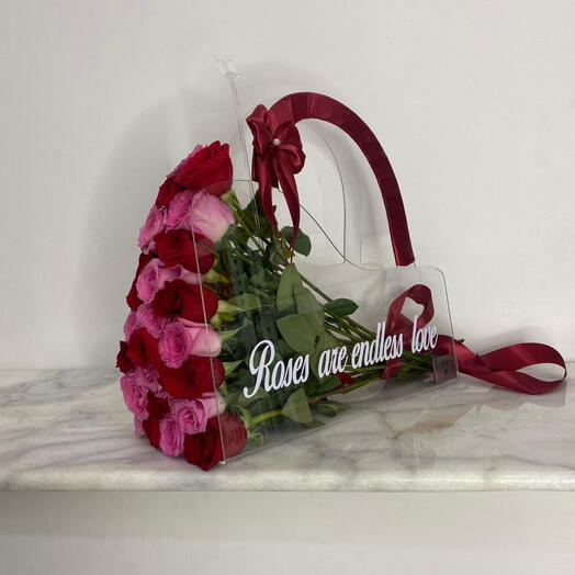 Red and Pink Roses with Bag