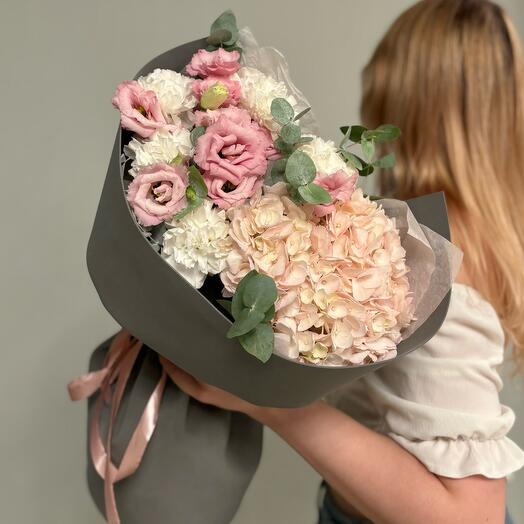 Powdery bouquet in a grey package: Hydrangea | Eustoma | Dianthus | Eucalyptus