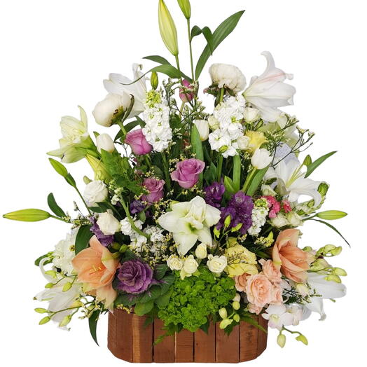 Dancing Peacock: White Lilies, Purple Roses, Peach Baby Roses, White Matthiola, Orchids,   Green Hydrangea in a Wood Box