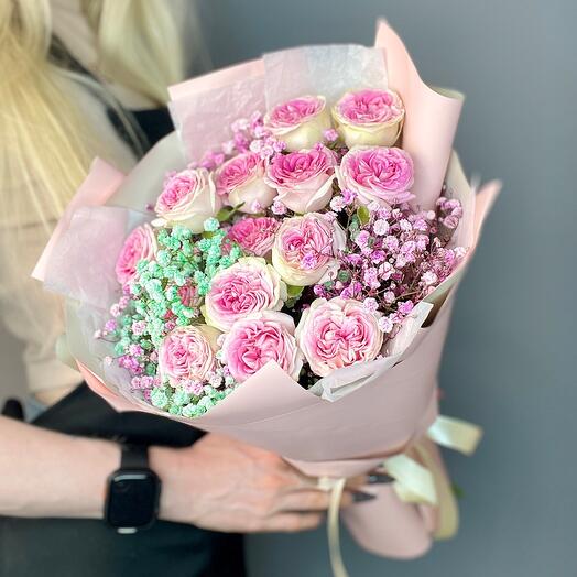 Bouquet with gypsophila and bushy peony-shaped roses