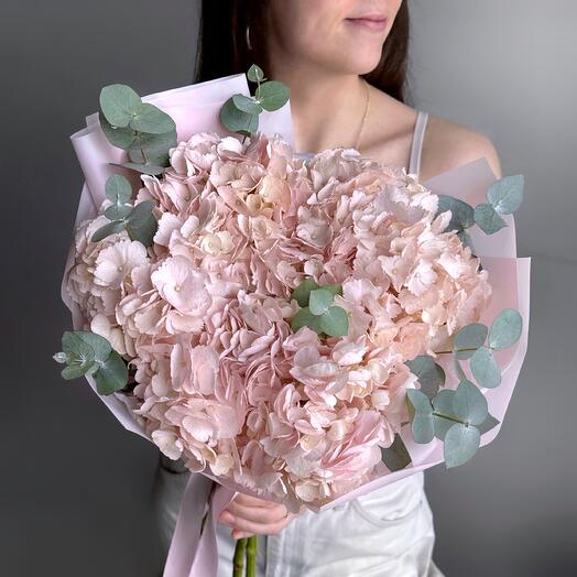 Красивый нежный букет розовые гортензии и эвкалипт