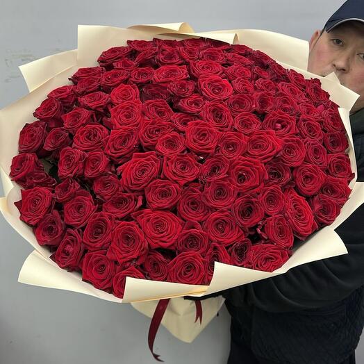 101 Роза 80 см красная Голландия с дизайнерской упаковкой (моно28738)