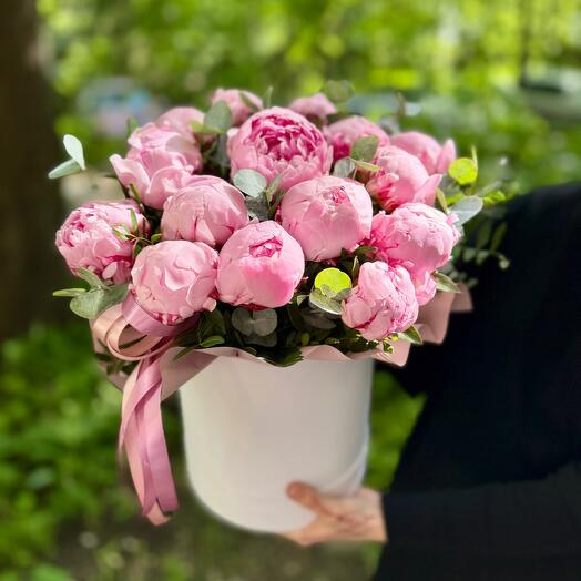 Sarah Bernhardt peonies in a box