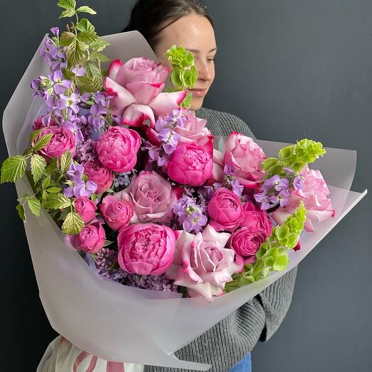 💞Премиум букет из французских роз, пионов, кустовой пионовиднлй розы «Малиновый вайп»
