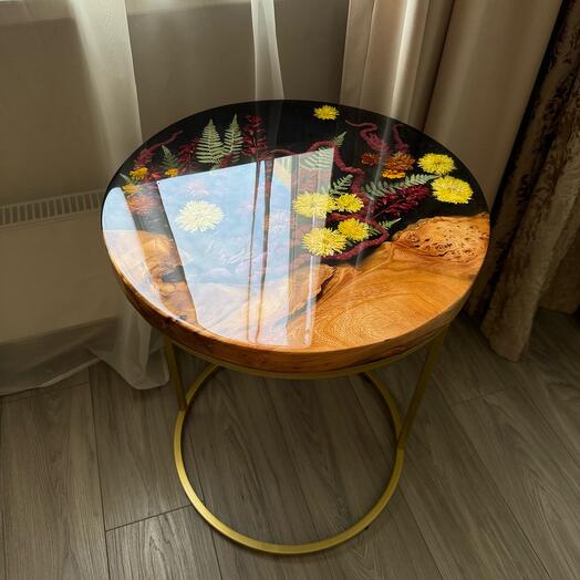 Epoxy resin coffee table with handmade flowers and wood