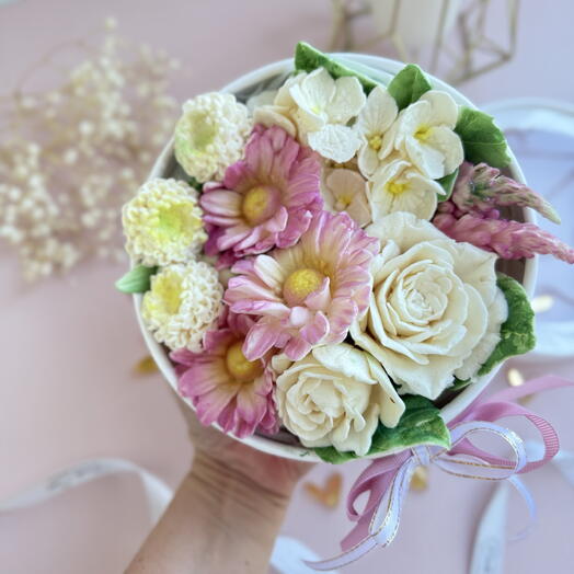 Зефирные цветы в коробке розы, хризантемы, гортензии в подарок, день рождения, юбилей, девушке, коллеге,маме