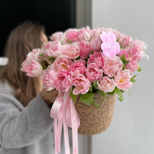«You Are My Spring» 29 peony-shaped tulips in a rattan basket (color may vary by agreement)